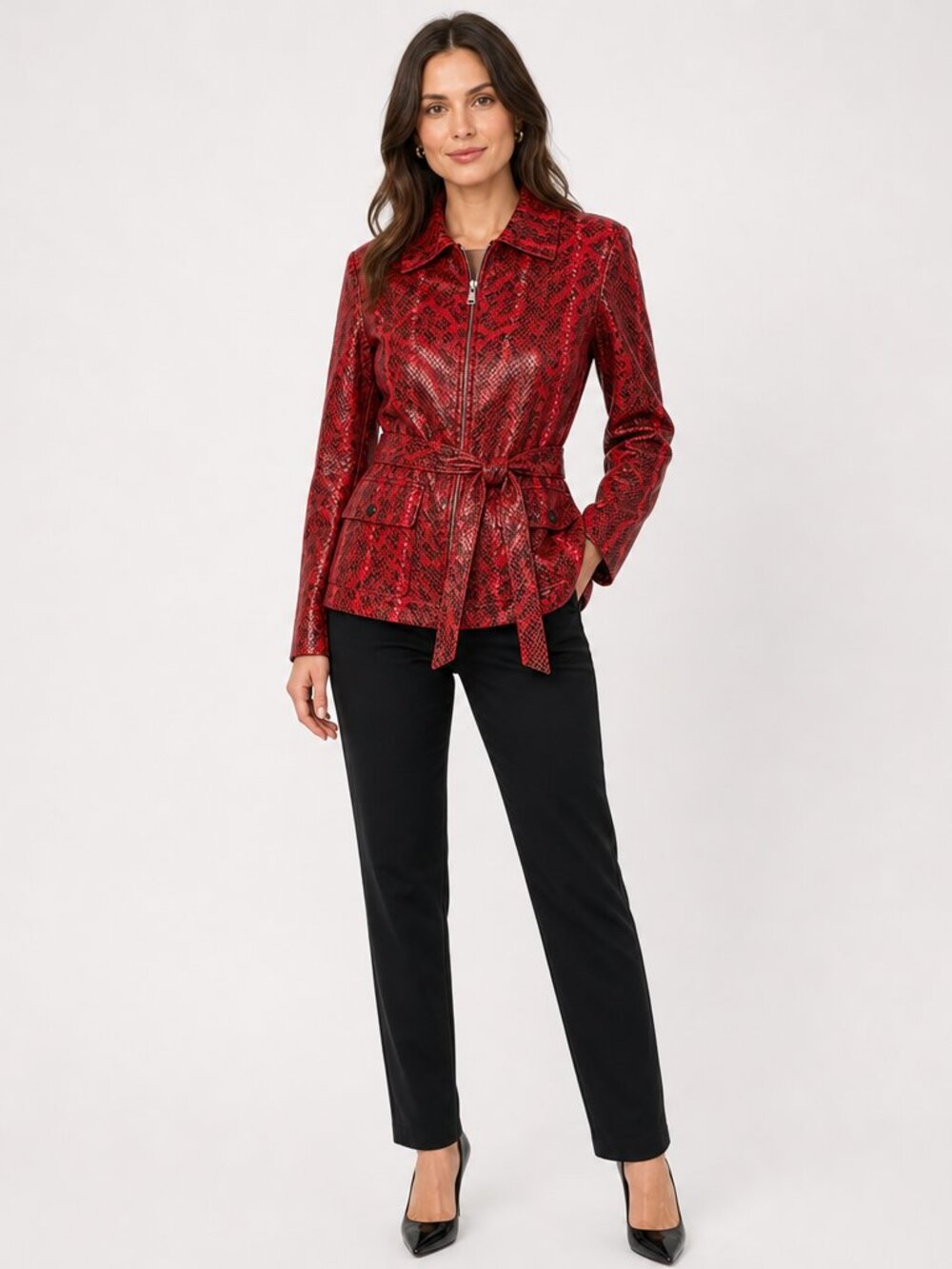 Erin London Red Black Faux Snakeskin Belted Jacket S Y2K Glam Zip-Up Mob Wife